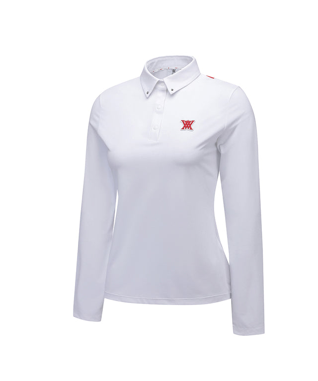 Women wearing ANEW Golf Back Signature Logo Long T-Shirt in White, showcasing the stylish design and comfortable fit.